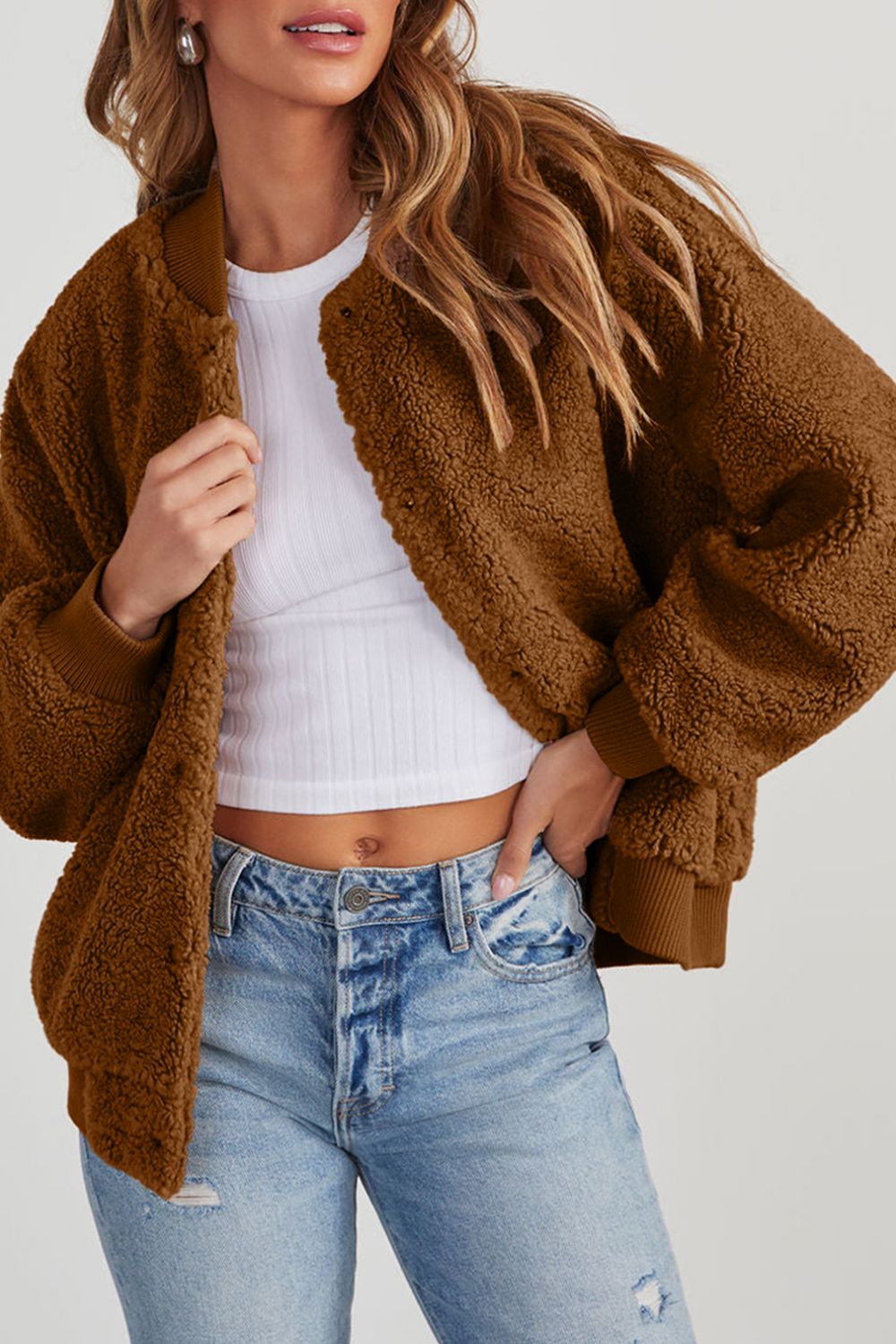 Baseball Collar Long Sleeve Sherpa Jacket