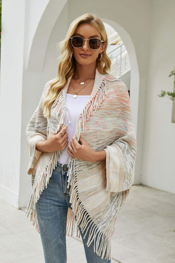 Multicolored Fringe Trim Poncho