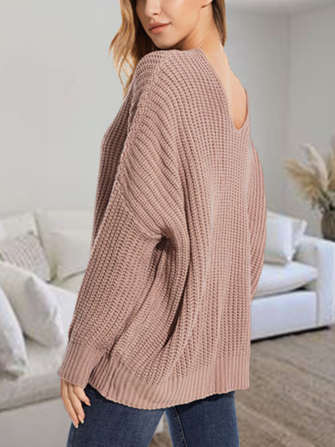 V-Neck Batwing Dropped Shoulder Sweater