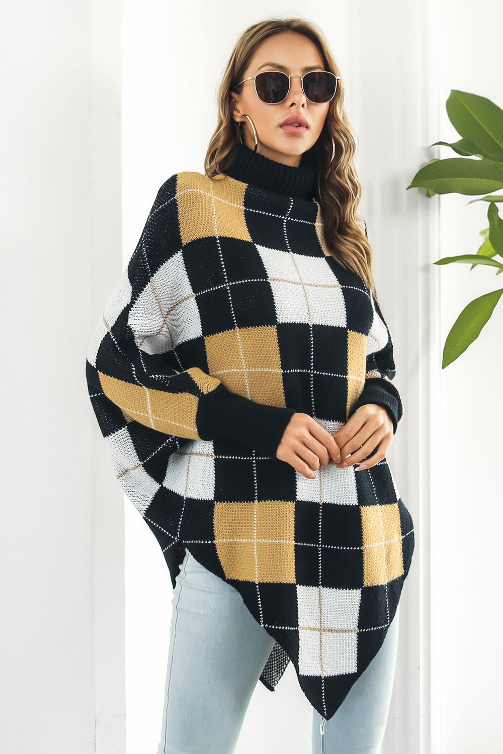 Plaid Turtleneck Dolman Sleeve Poncho