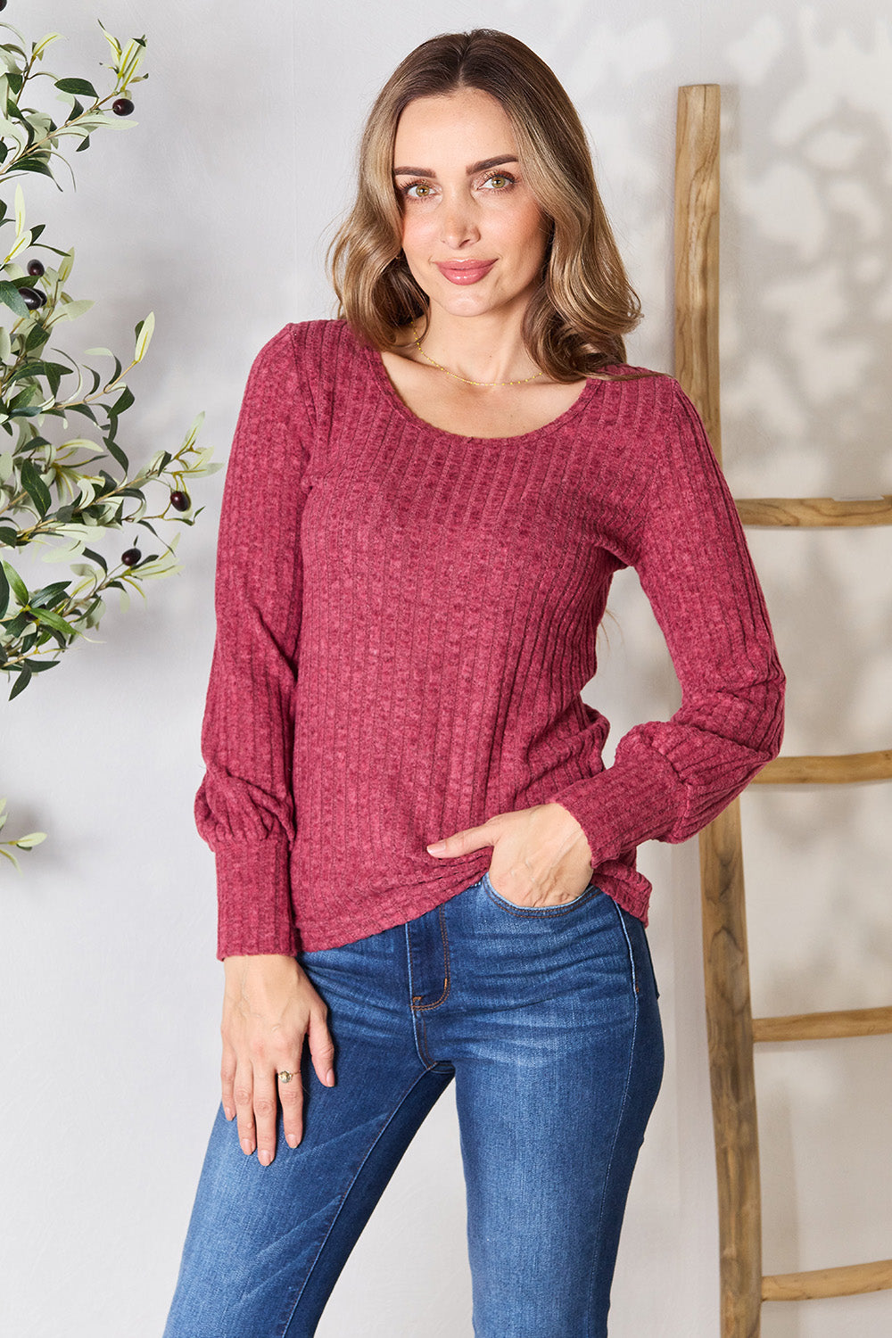 Ribbed Round Neck Lantern Sleeve Blouse