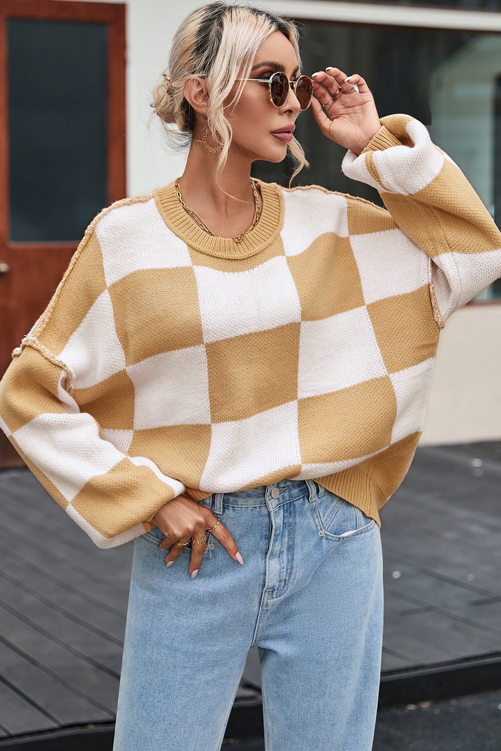 Checkered Exposed Seam Drooped Shoulder Sweater