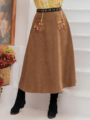 Plus Size Embroidered Pocketed High Waist Skirt