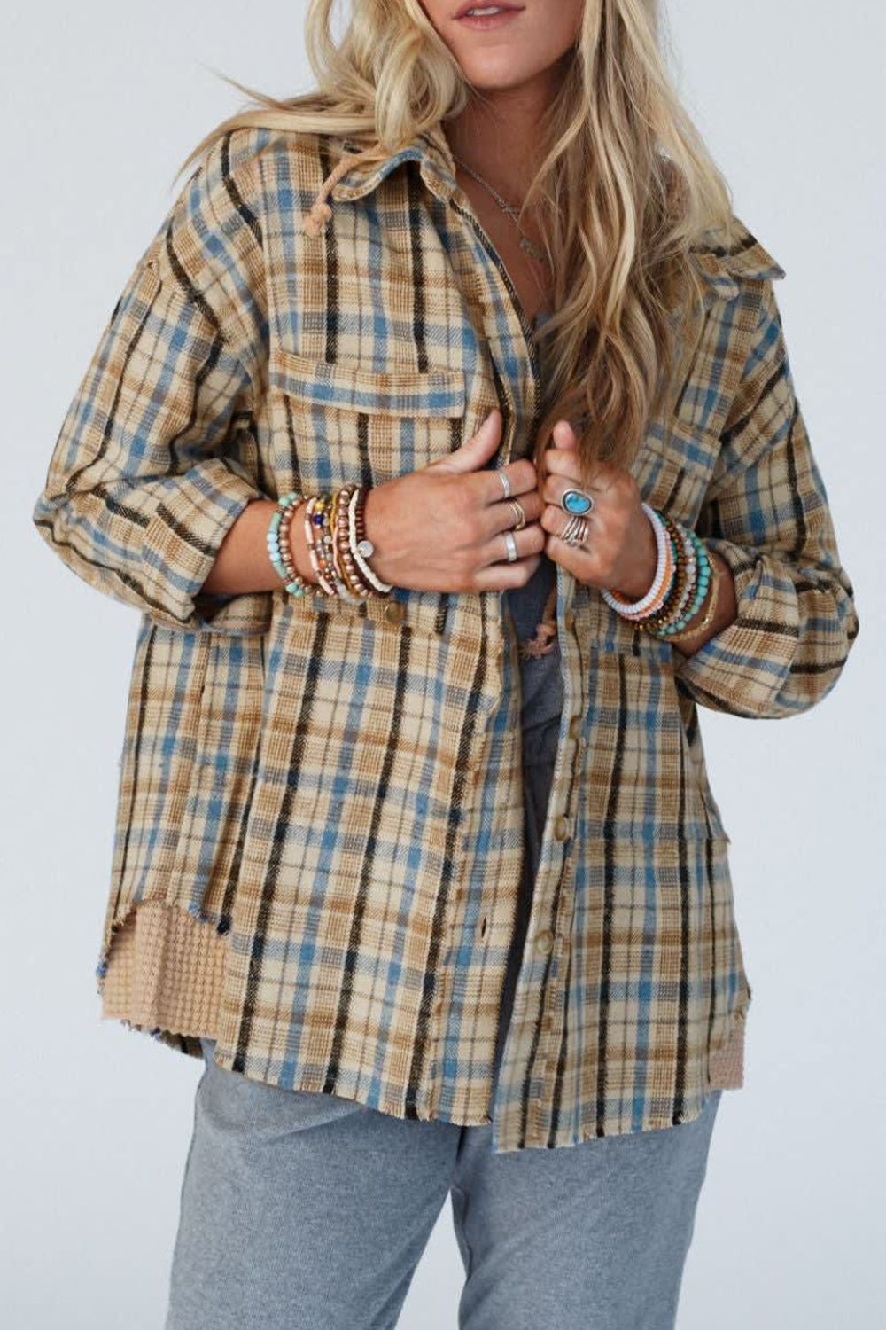 Drawstring Waffle Knit Patchwork Hooded Plaid Shacket