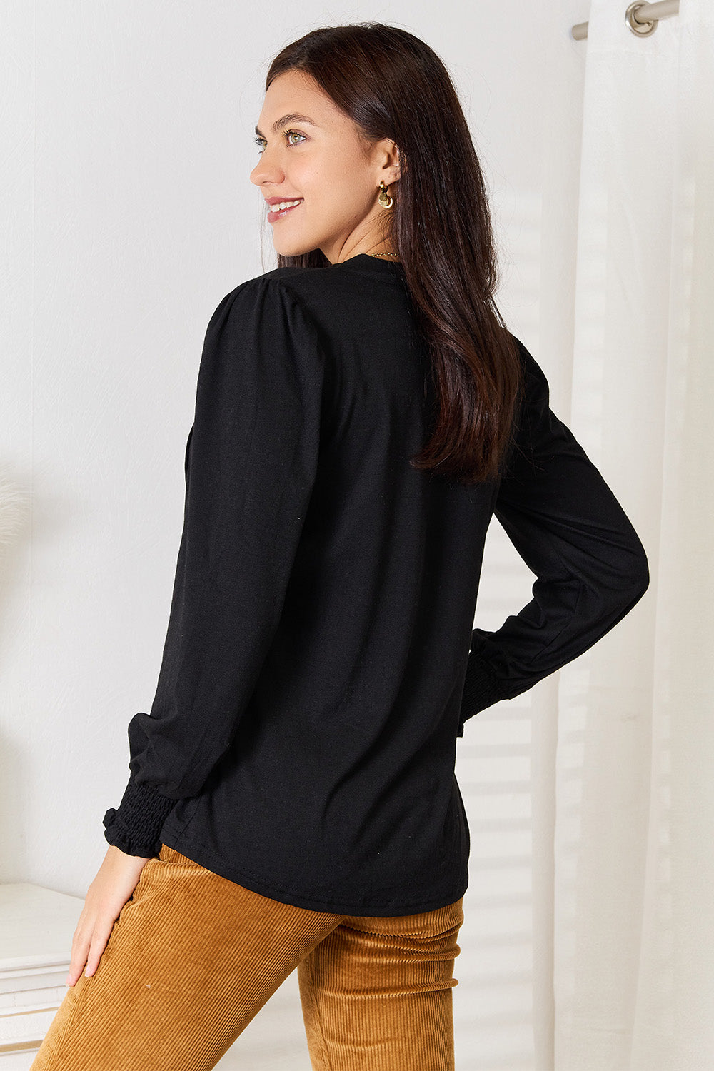 Mandy Ruched Notched Neck Puff Sleeve Blouse