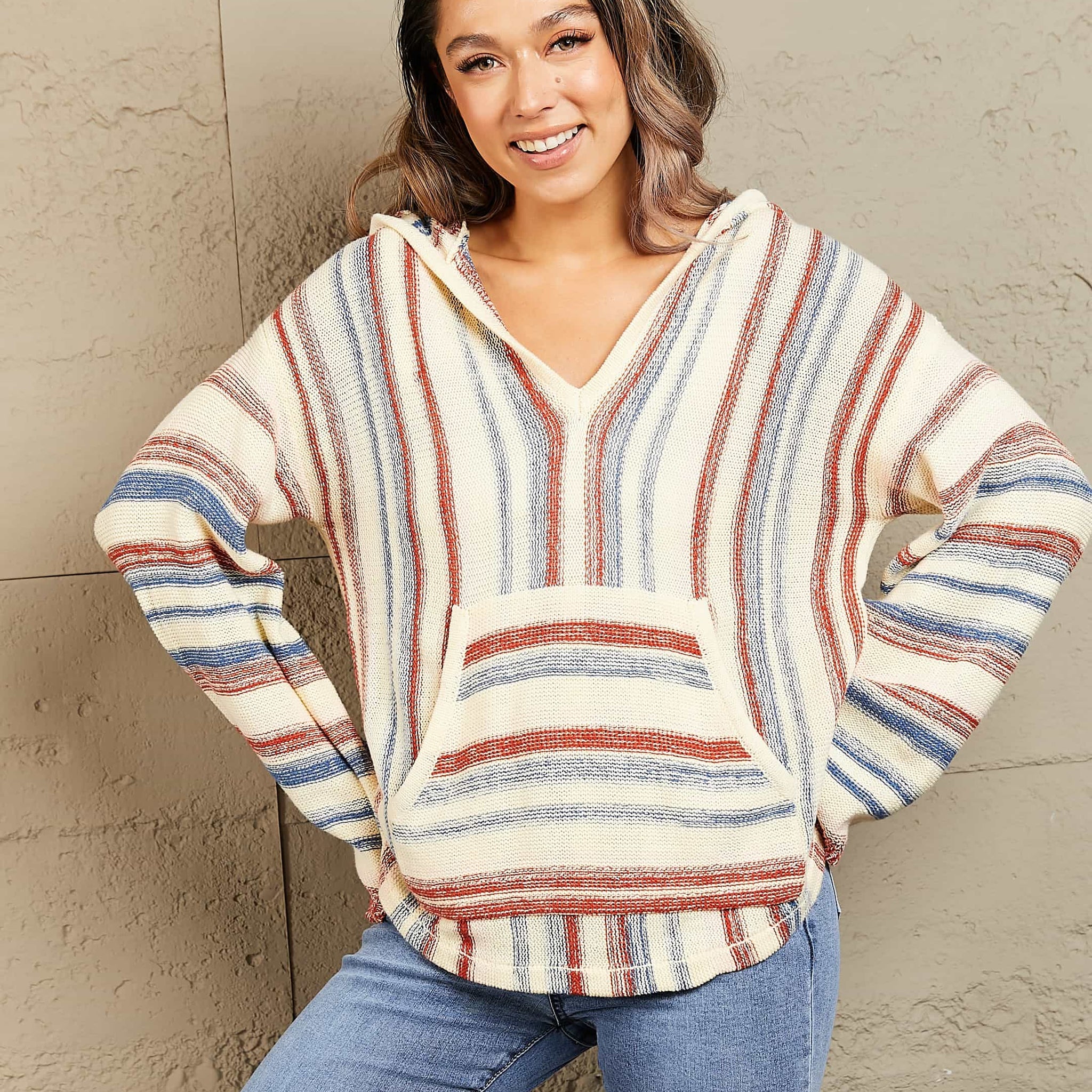 Striped Hooded Sweater with Kangaroo Pocket