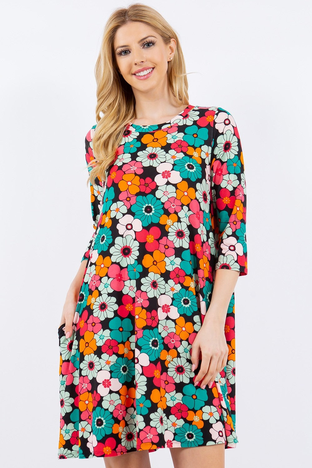 Celeste Full Size Floral Three-Quarter Sleeve Dress with Pockets