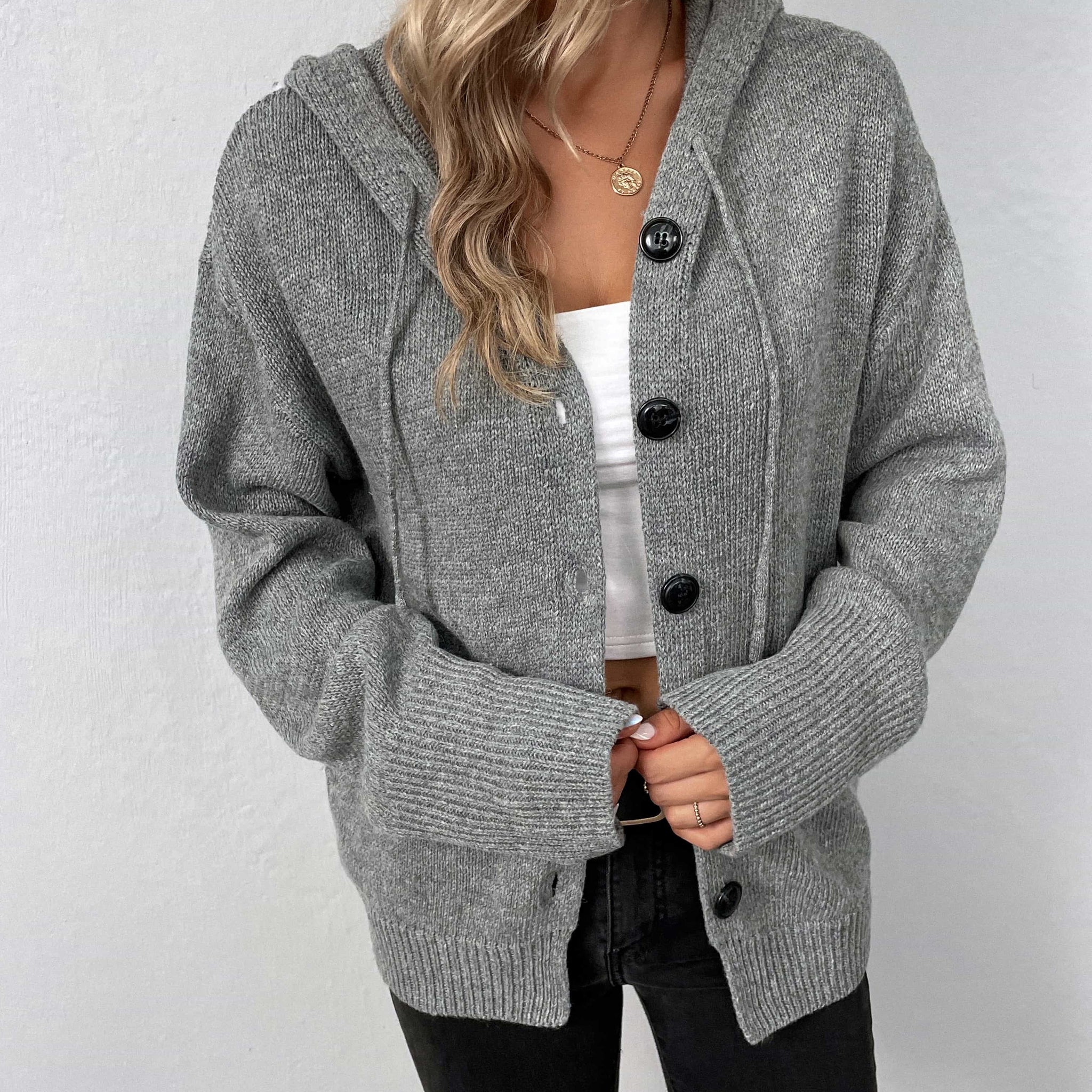 Button-Down Long Sleeve Hooded Sweater