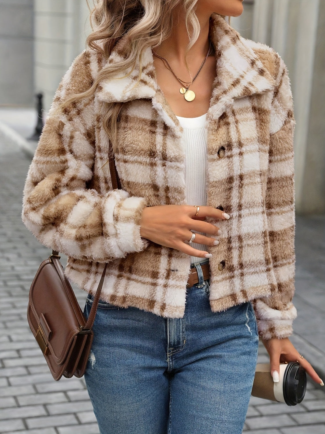 Plaid Button Up Collared Neck Long Sleeve Jacket