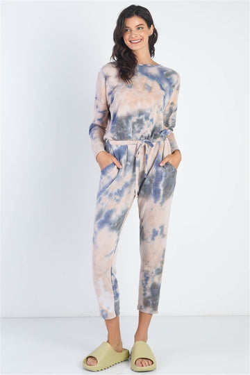 Cherish Apparel Tie-Dye Round Neck Long Sleeve Jumpsuit